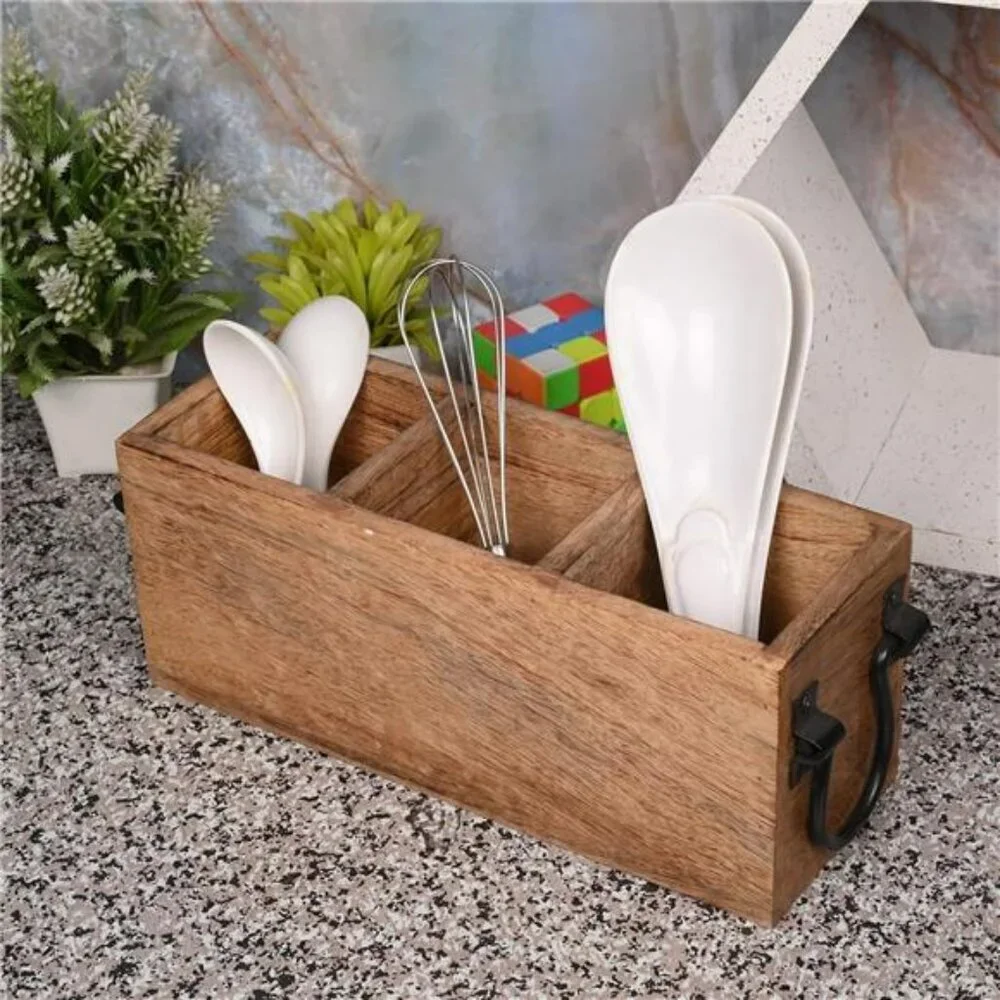 Mango wood cutlery holder utensil caddy kitchen countertop organizer rustic tray